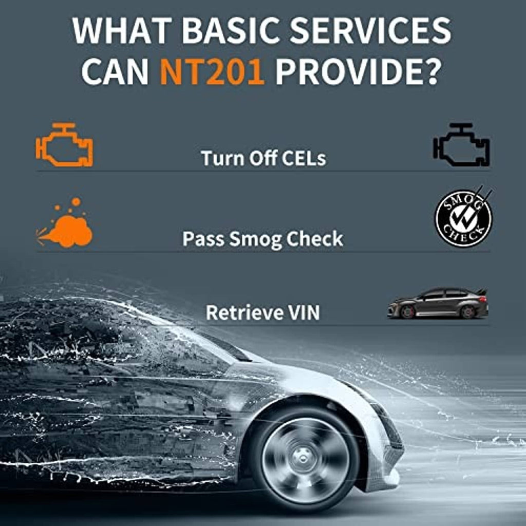 Orange FOXWELL NT201 OBD2 scanner device with display, cable port, and keypad buttons