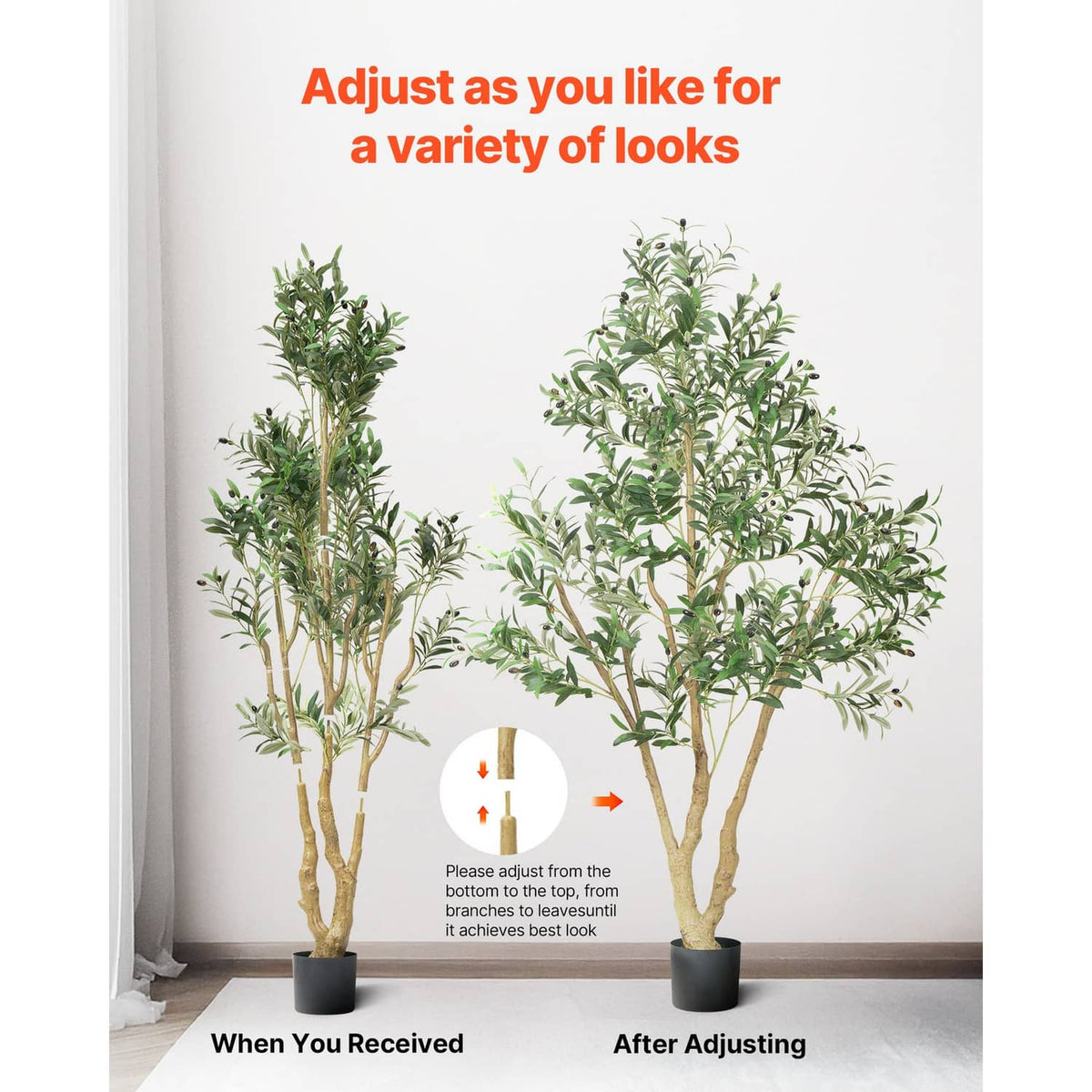 Adjustable artificial olive tree shown in two positions, both in black pots