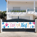 Gender reveal yard banner with “Girl or Boy” text, pink and blue balloons and stars