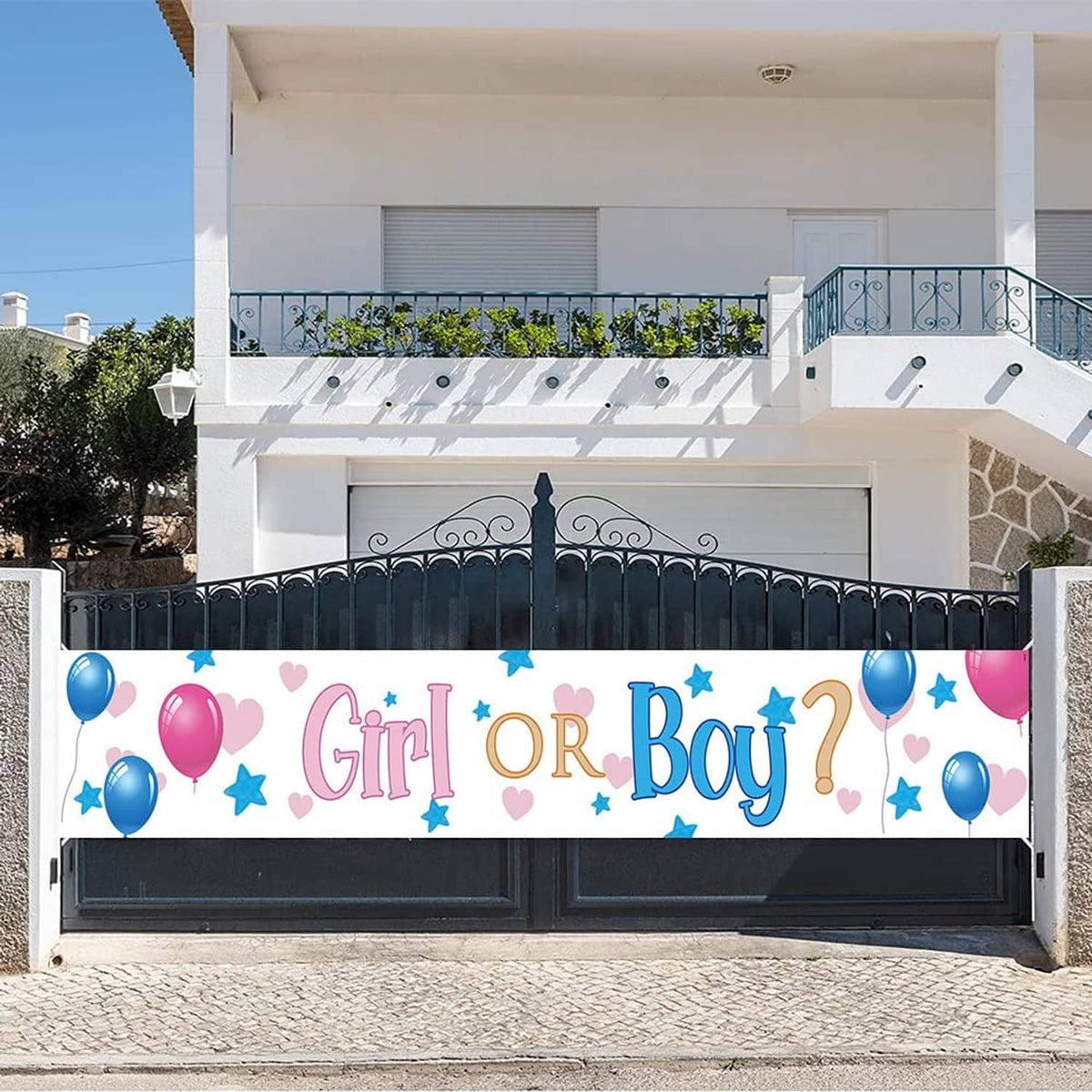 Gender reveal yard banner with “Girl or Boy” text, pink and blue balloons and stars