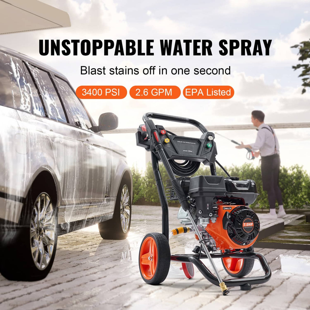 Gas pressure washer spraying water jet toward a vehicle with orange wheels and black frame