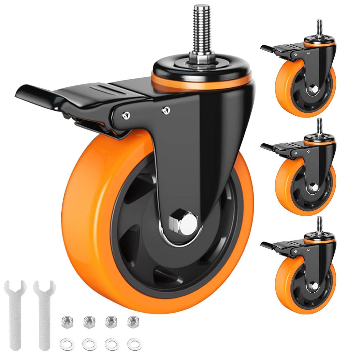 4-inch threaded stem caster wheel: orange wheel, black housing, swivel top, mounting bolts