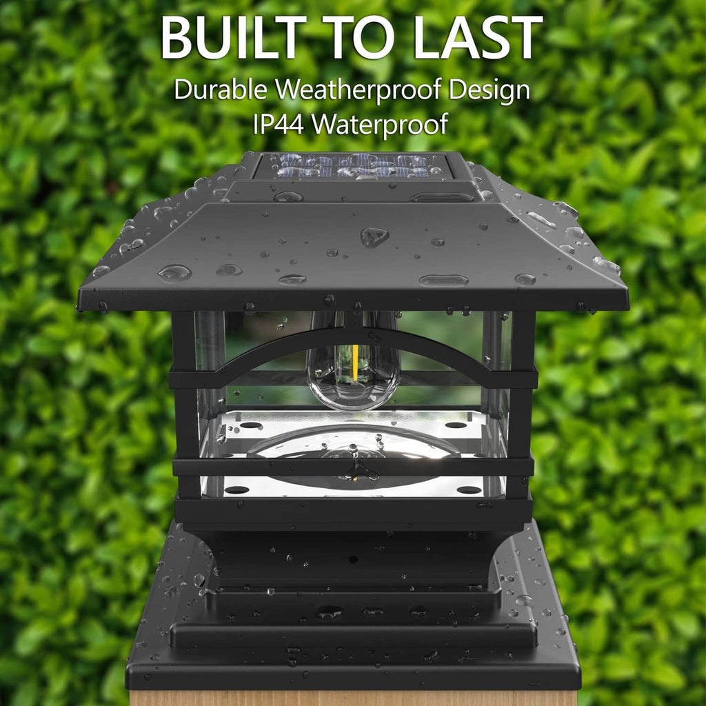 Black solar post cap light with clear glass bulb and raindrop-resistant top