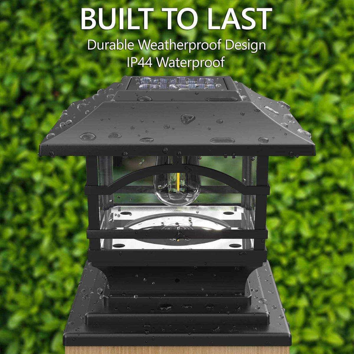 Black solar post cap light with clear glass bulb and raindrop-resistant top