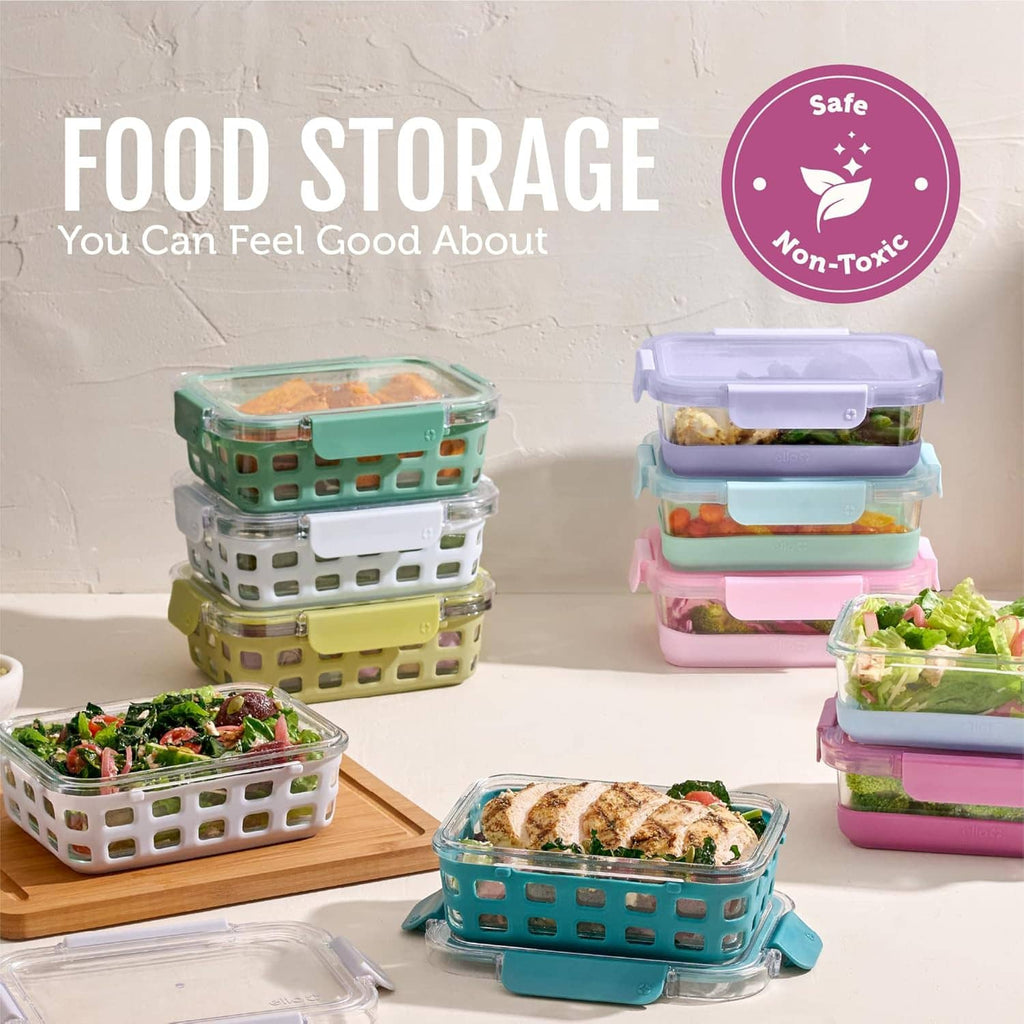 Stacked glass food storage containers with colored snap lids for safe meal storage