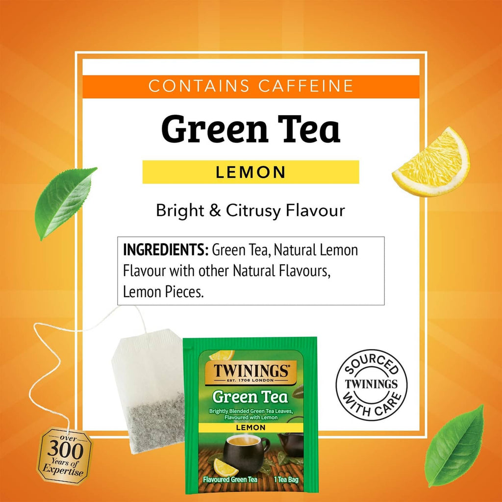 Green tea lemon caffeinated tea bag box front with bright citrus flavor