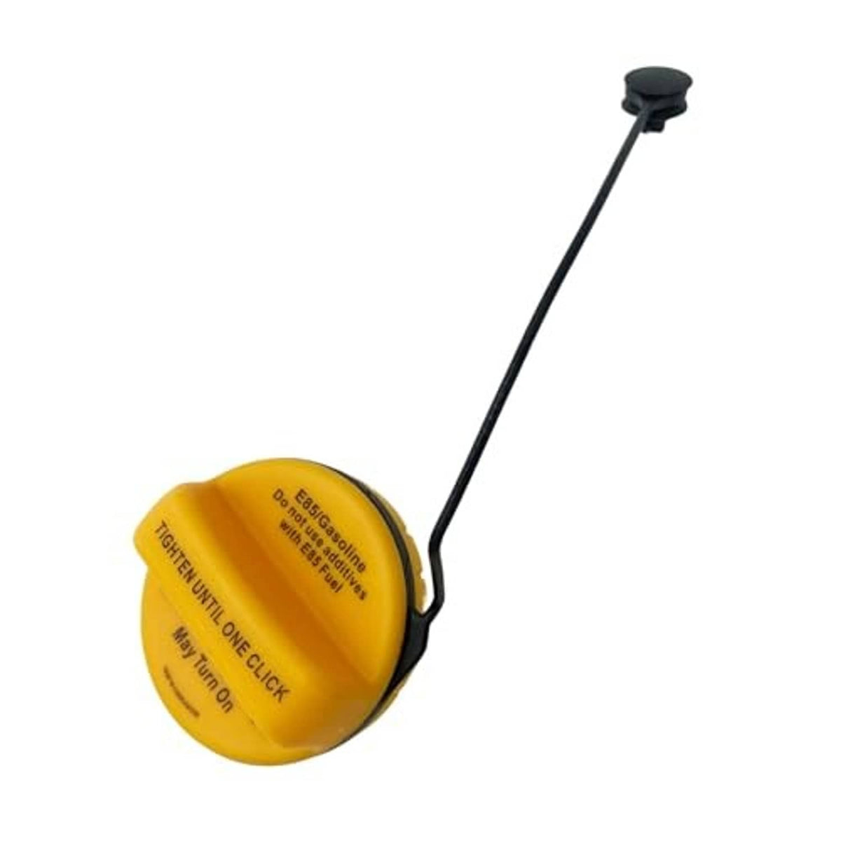 Yellow fuel tank filler cap with black tether cord, rear/side view.