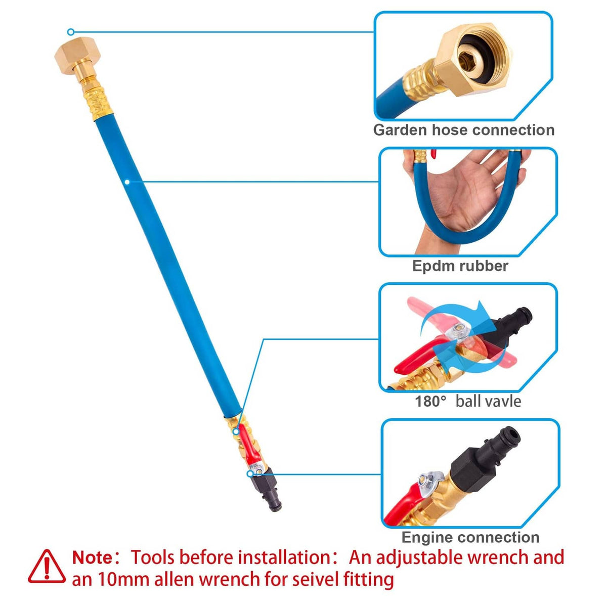 Blue flush hose with brass connector and black 180° ball valve with red lever