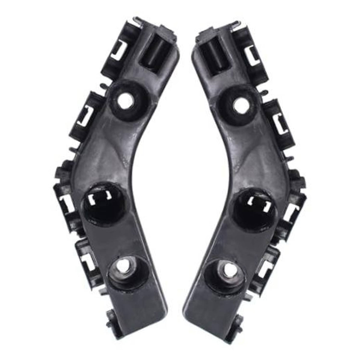 Pair of dark gray bumper retainer brackets with mounting holes and clips