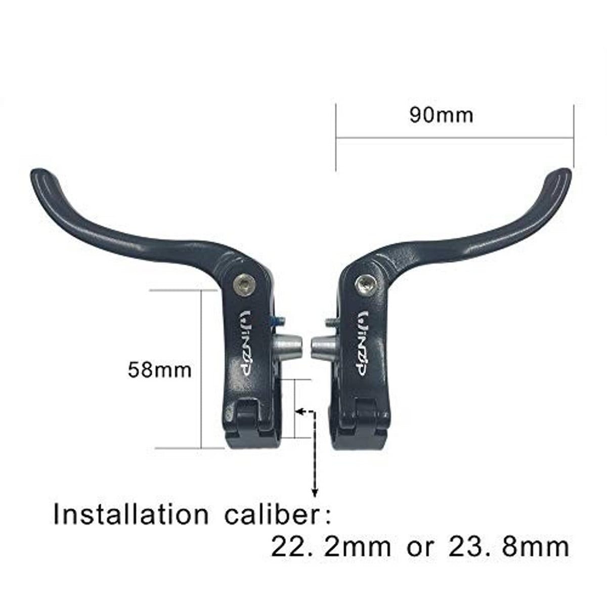 Road bike brake levers shown with size guide, for 22.2mm handlebars