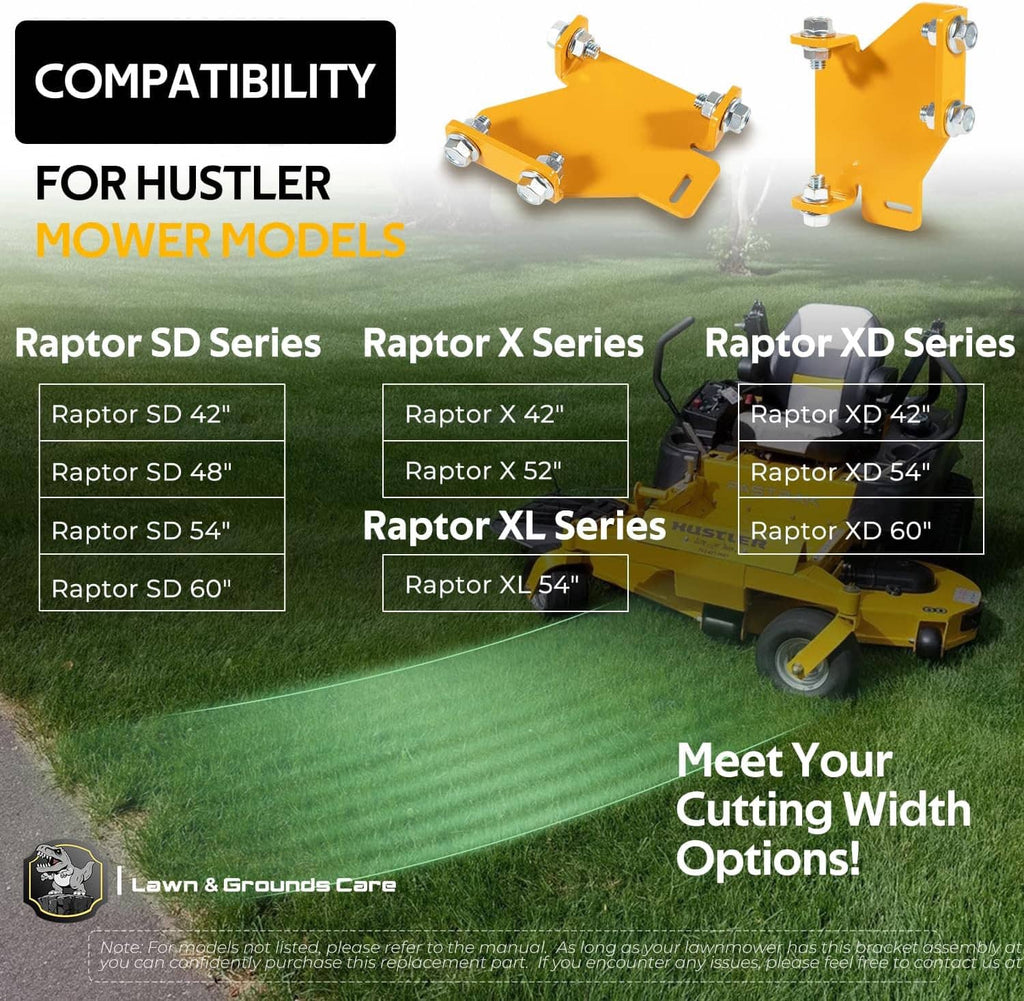 Yellow transmission brackets installed on a zero-turn mower, with mounting bolts