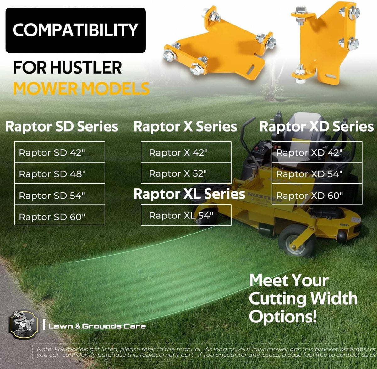 Yellow transmission brackets installed on a zero-turn mower, with mounting bolts