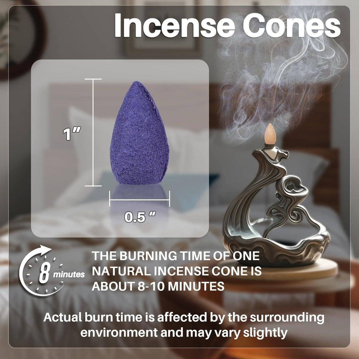 Purple backflow incense cone with size and burning instructions beside a waterfall-style holder