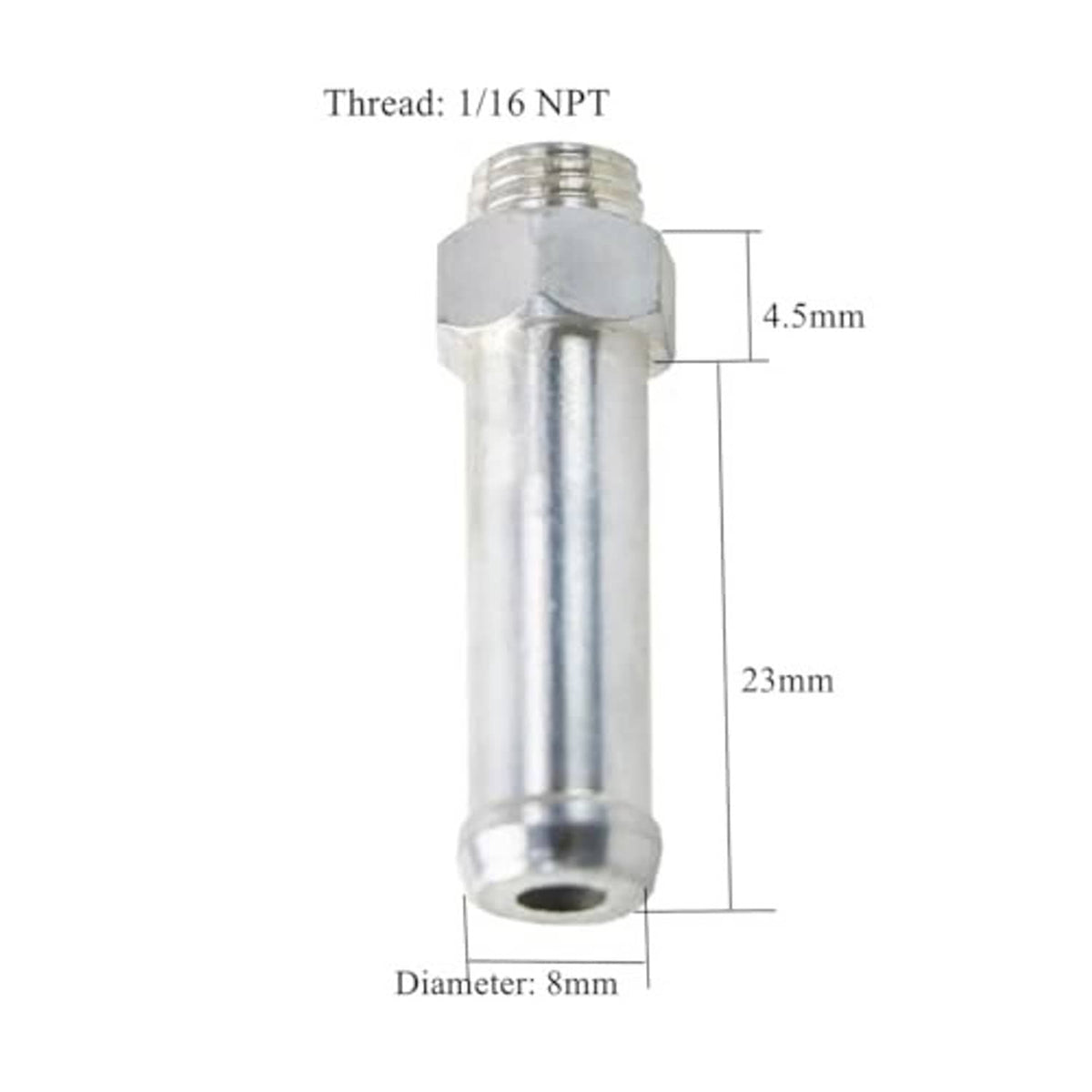 1/16 NPT radiator overflow nipple fitting, 8 mm diameter and 23 mm length