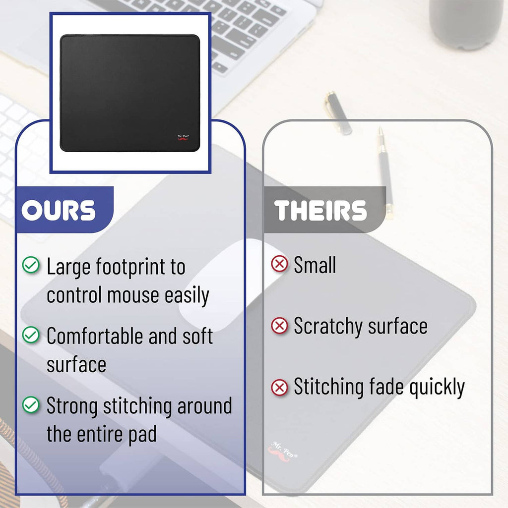 Black mouse pad with stitched perimeter, shown as a larger desk coverage option.