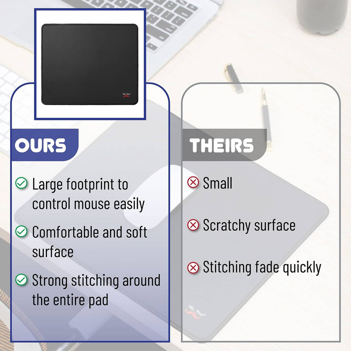 Black mouse pad with stitched perimeter, shown as a larger desk coverage option.
