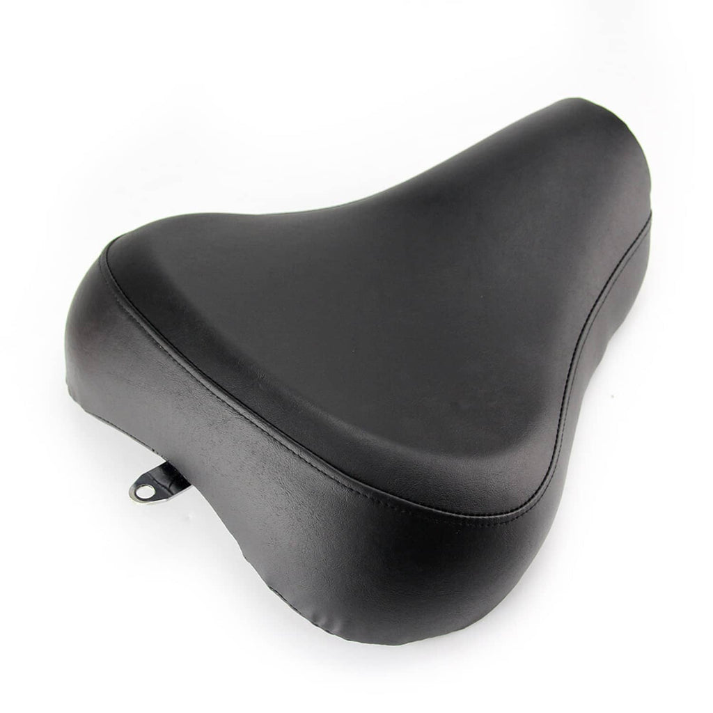 Black motorcycle front rider solo seat with stitched seams and mounting bracket