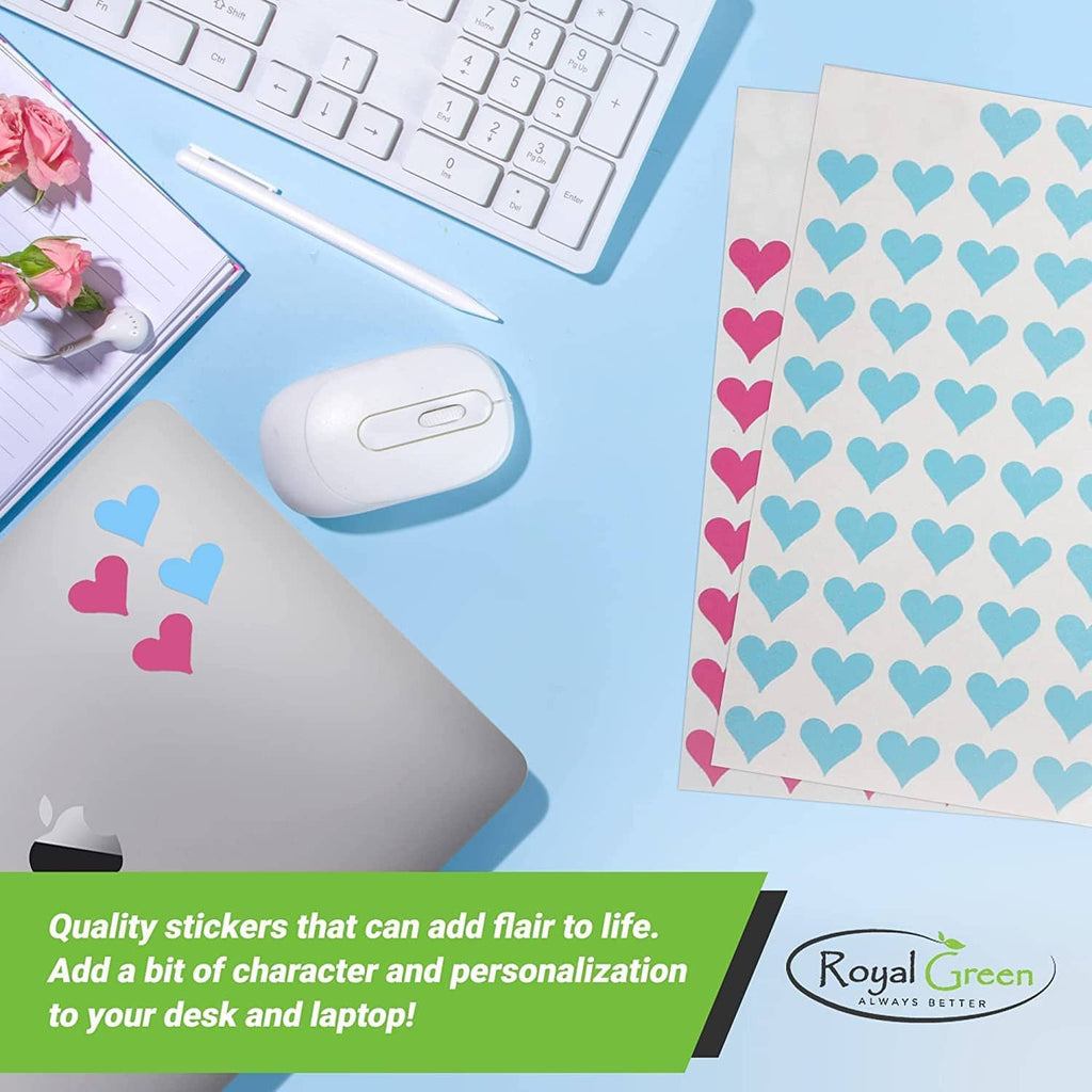 Heart sticker sheet with blue and pink hearts, featuring small red heart accents
