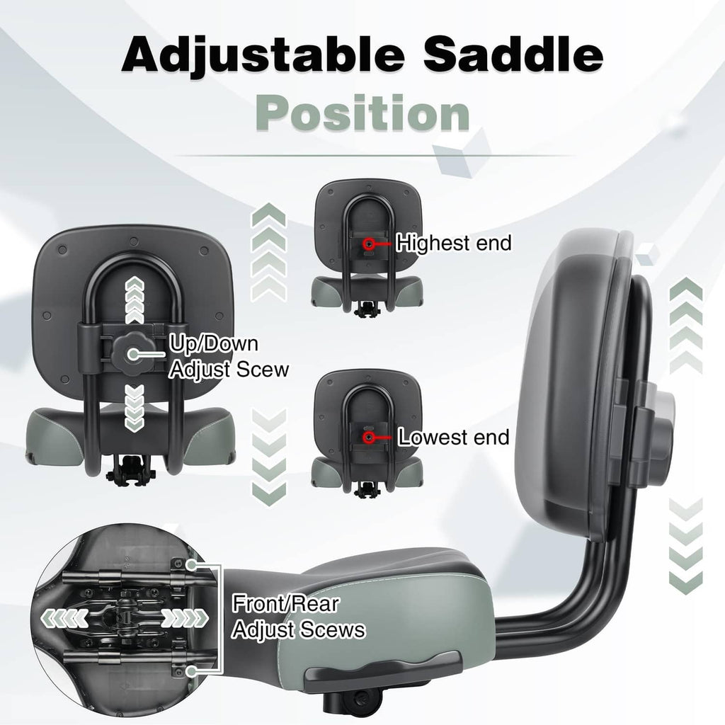 Adjustable bike saddle backrest mount with height range and front/rear adjust screws