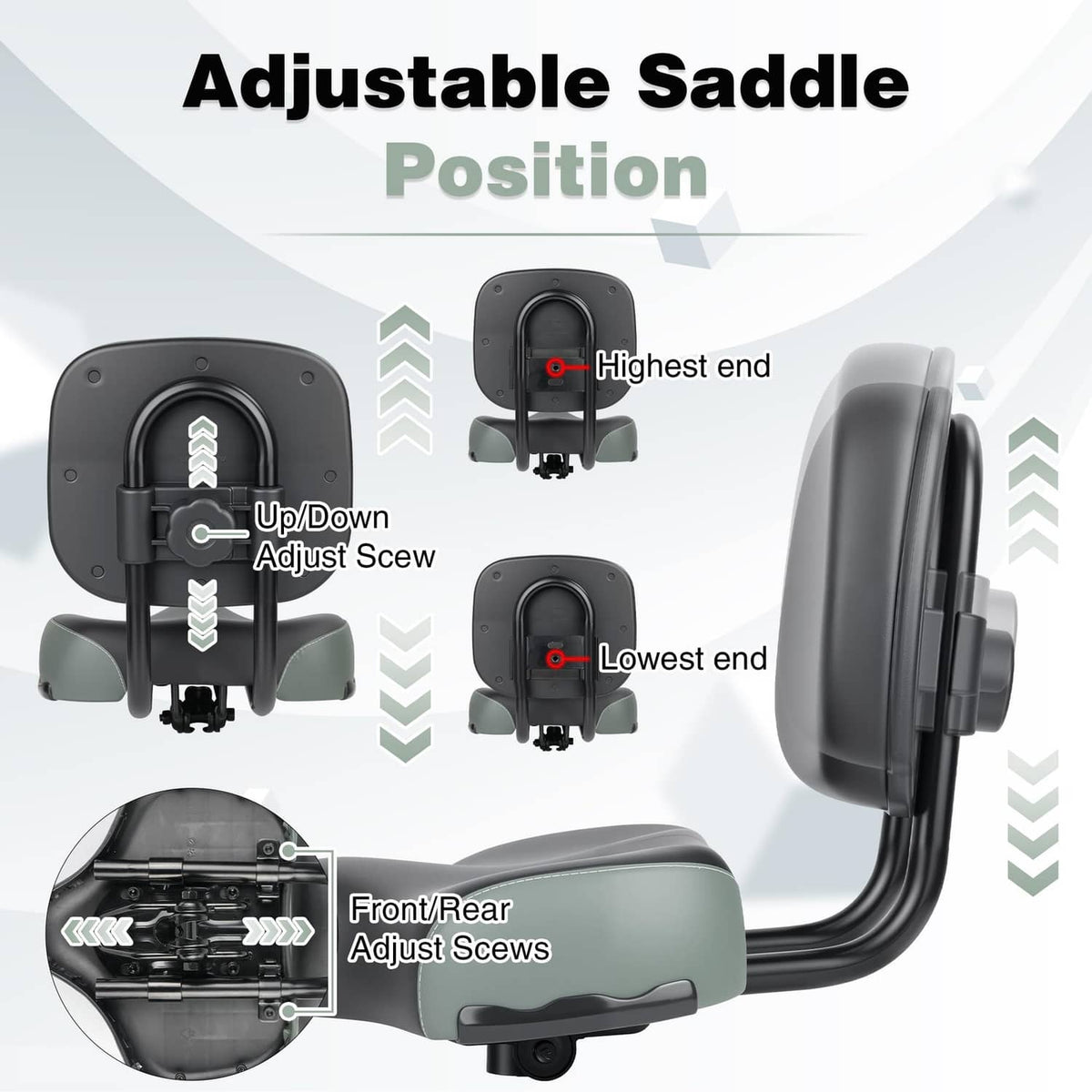 Adjustable bike saddle backrest mount with height range and front/rear adjust screws