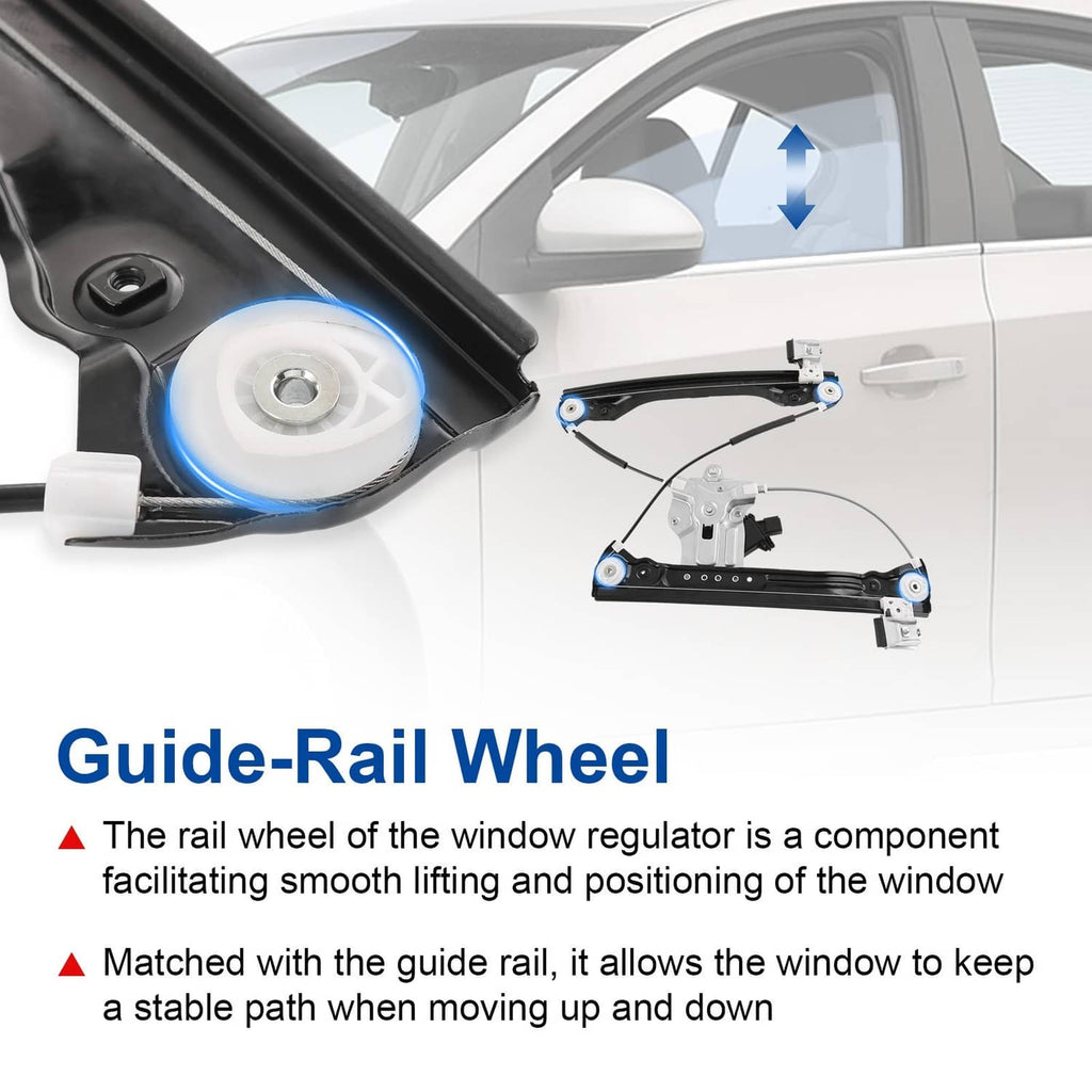 Window regulator guide rail and motor parts, black and silver components