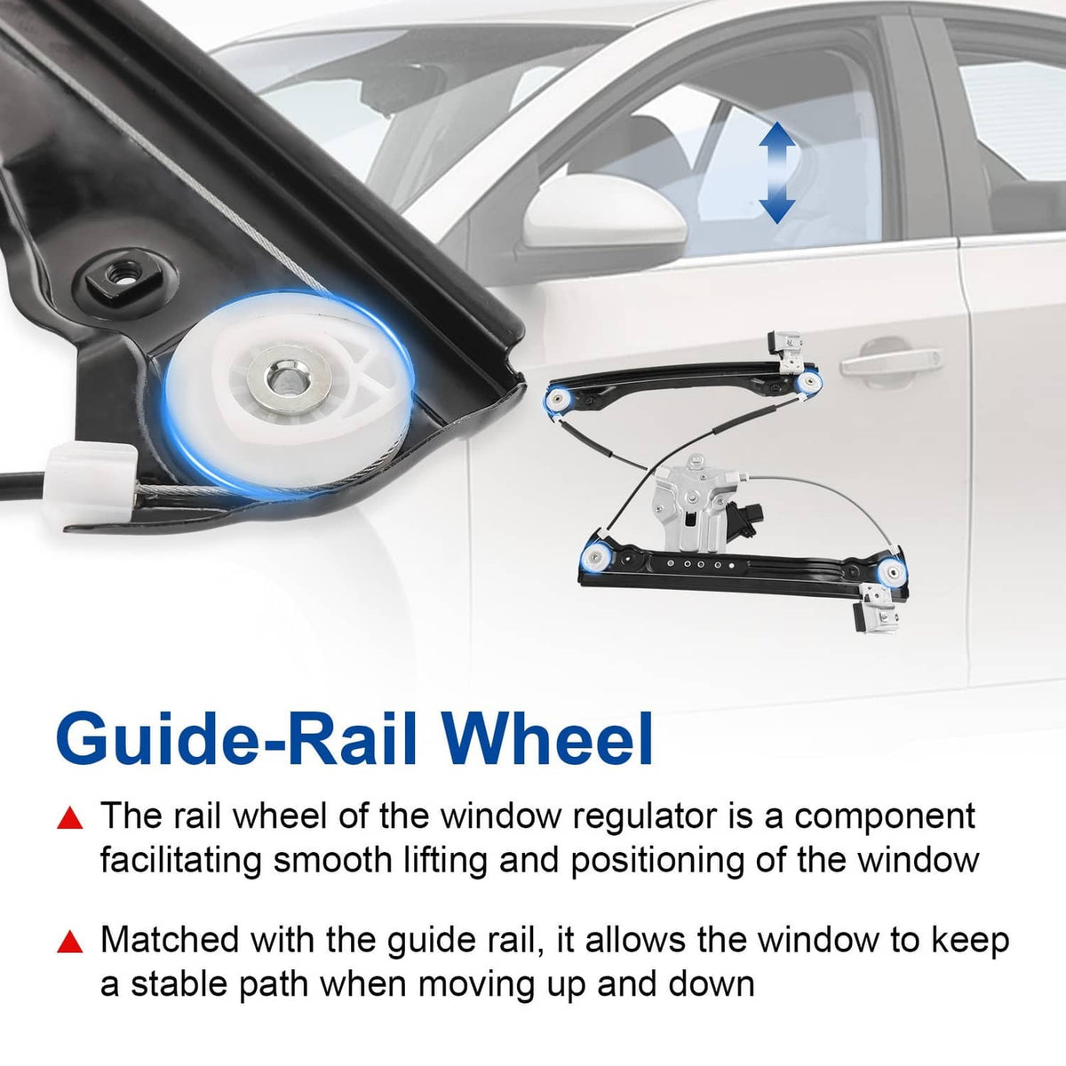 Window regulator guide rail and motor parts, black and silver components