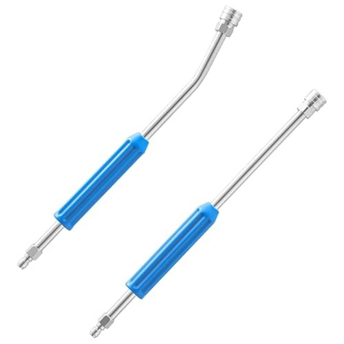 Straight stainless pressure washer extension wand with blue handle grips and metal nozzle ends