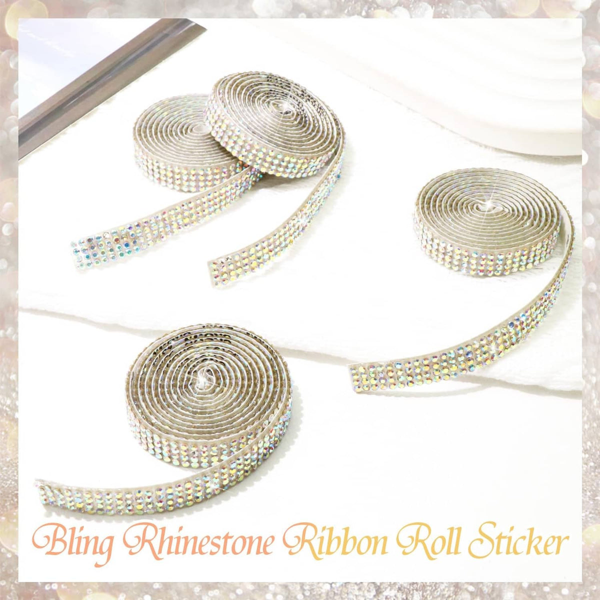 Self-adhesive rhinestone ribbon trim with iridescent AB crystals on white tape, coiled