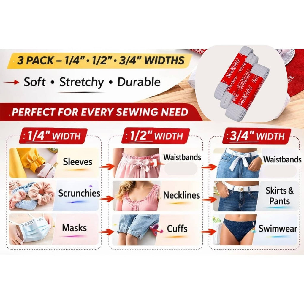 3-pack white knit elastic bands with soft, stretchy, durable sewing elastic text