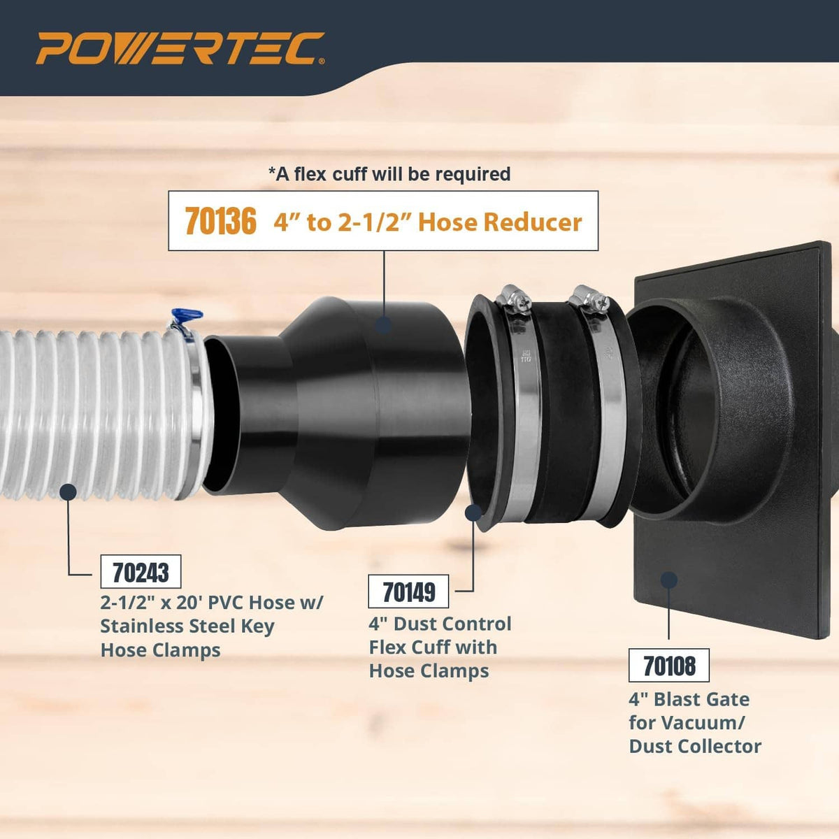 Black cone hose reducer with stepped inlet for 4" to 2-1/2" connection