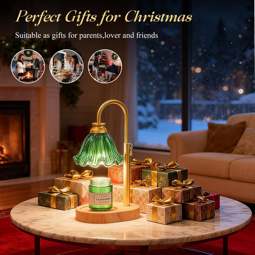 Green flower glass candle warmer lamp on round wooden base with gift boxes on top
