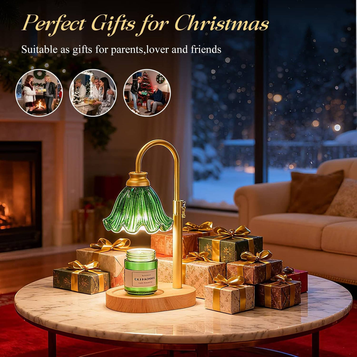 Green flower glass candle warmer lamp on round wooden base with gift boxes on top