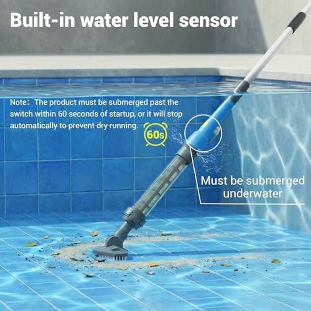 Pool vacuum wand with built-in water level sensor and suction head