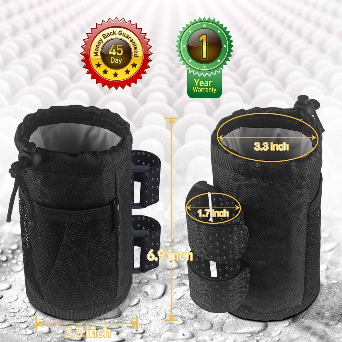 Black 2-pack cup holders with drawstring top; compact size with 3.3 in and 6.9 in