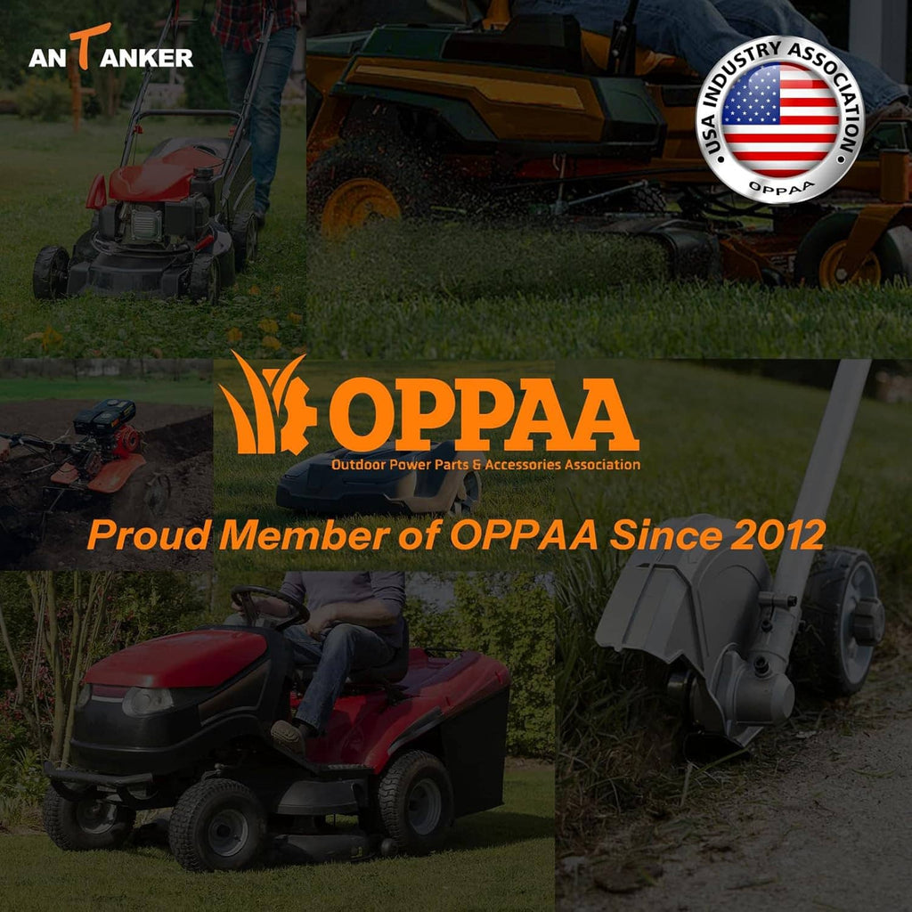Outdoor yard mowers with orange wheels shown in a membership background collage