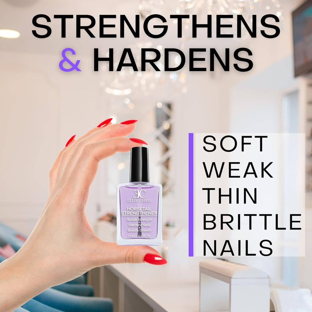 Nail strengthener application: red nails with brush tip beside small purple bottle