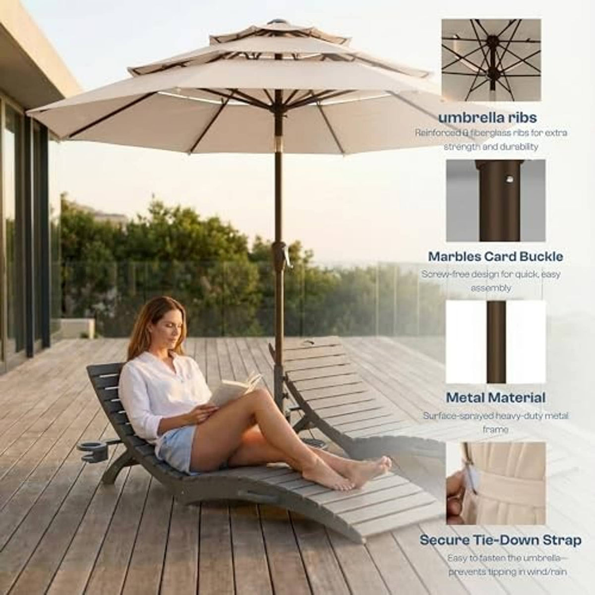 3-tier outdoor market umbrella with beige canopy and sturdy dark pole