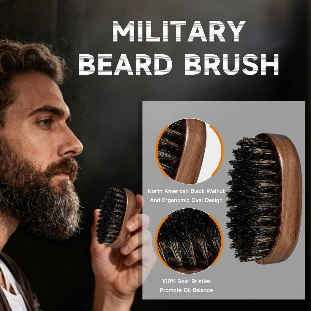 Wood beard brush with dense bristles and ergonomic oval handle
