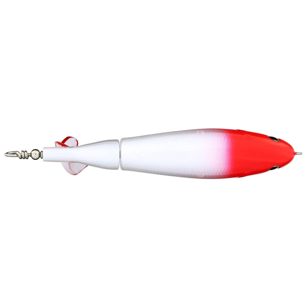 White and red topwater fishing lure, side view