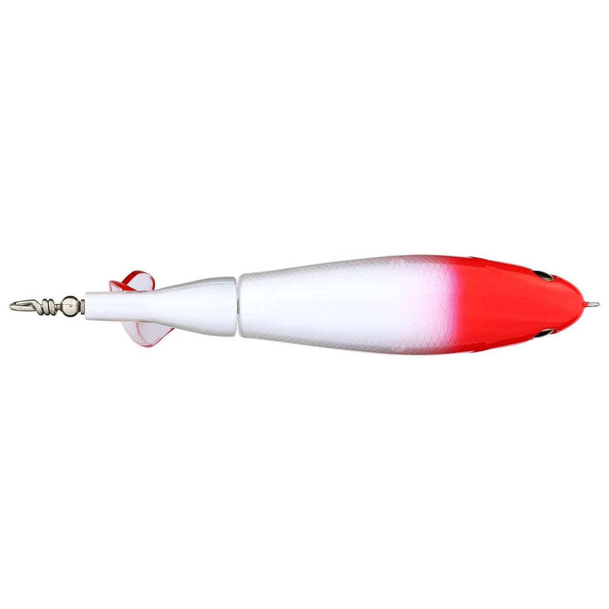 White and red topwater fishing lure, side view