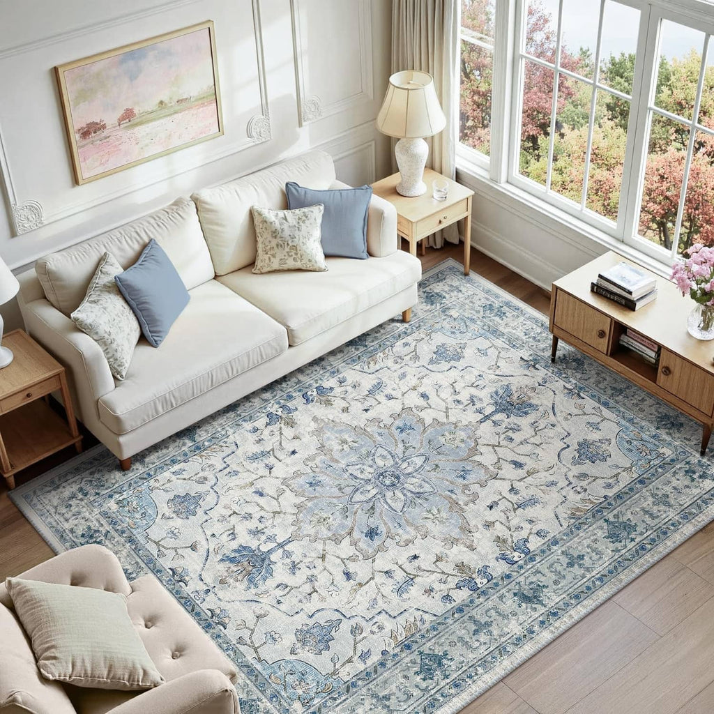 Blue/white/gray washable area rug with ornate medallion pattern