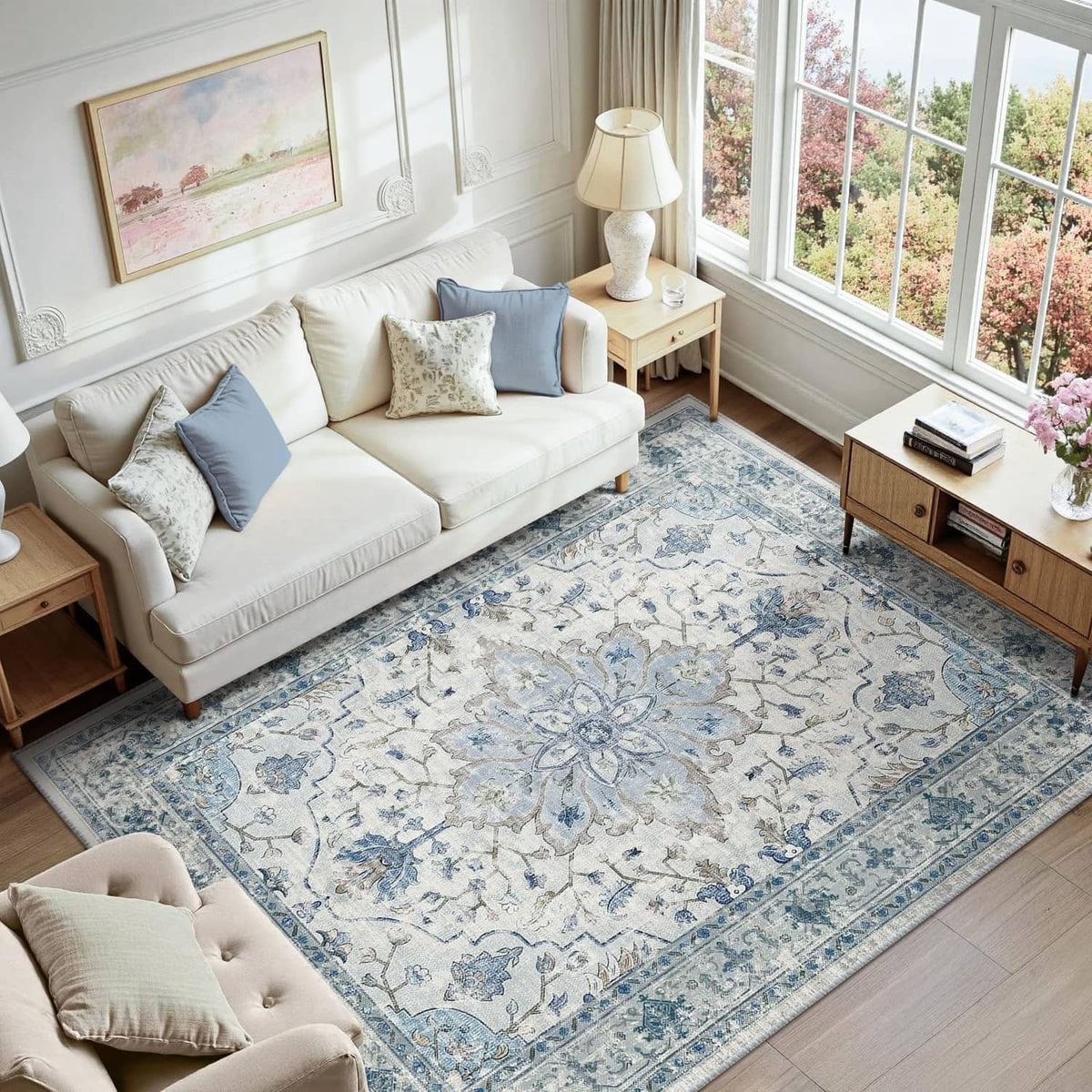 Blue/white/gray washable area rug with ornate medallion pattern