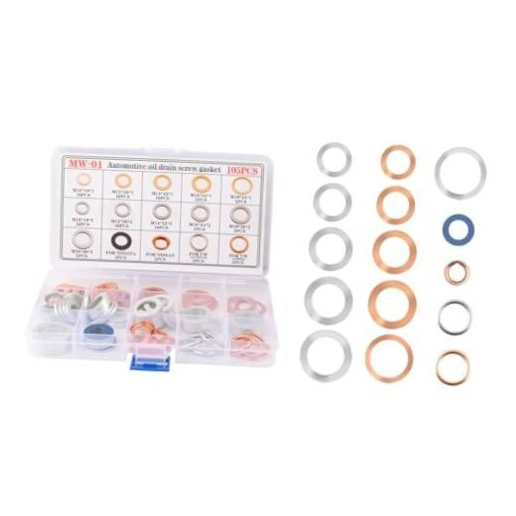 105-piece car oil drain plug gasket assortment kit with mixed aluminum and copper rings