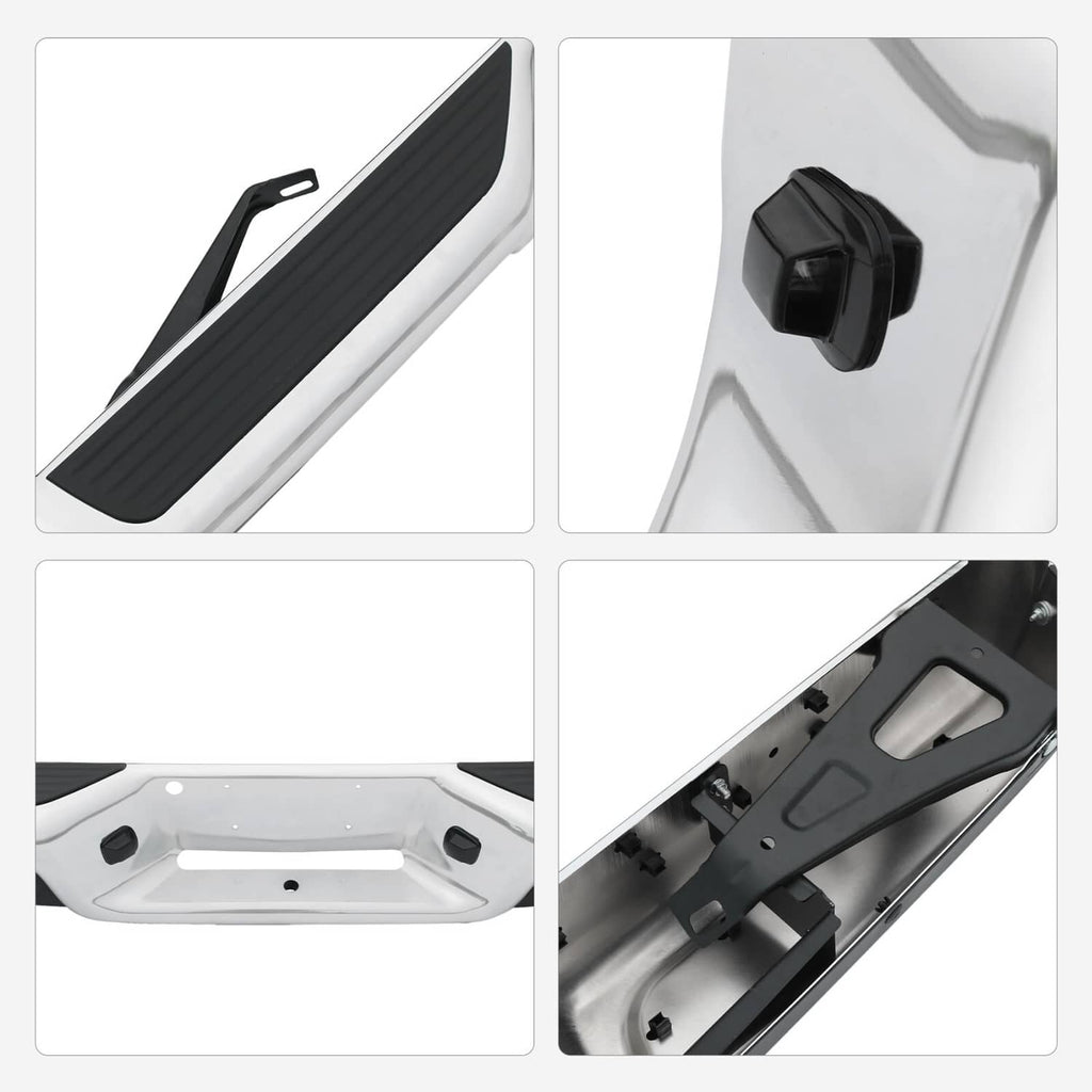 Rear step bumper with black textured step pad and close-up of mounting bracket details.