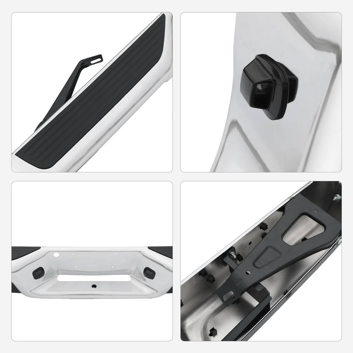 Rear step bumper with black textured step pad and close-up of mounting bracket details.