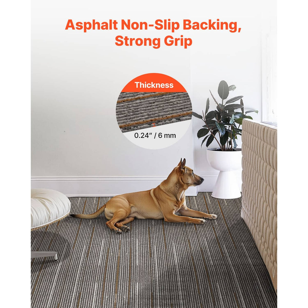 Brown carpet tiles with asphalt non-slip backing for strong grip