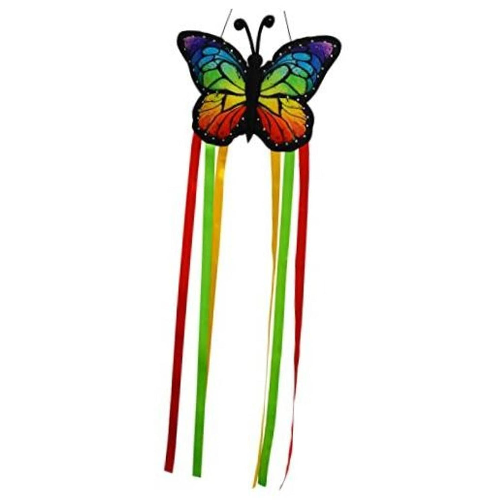 Butterfly windsock with bright multicolor wings and four long striped ribbons