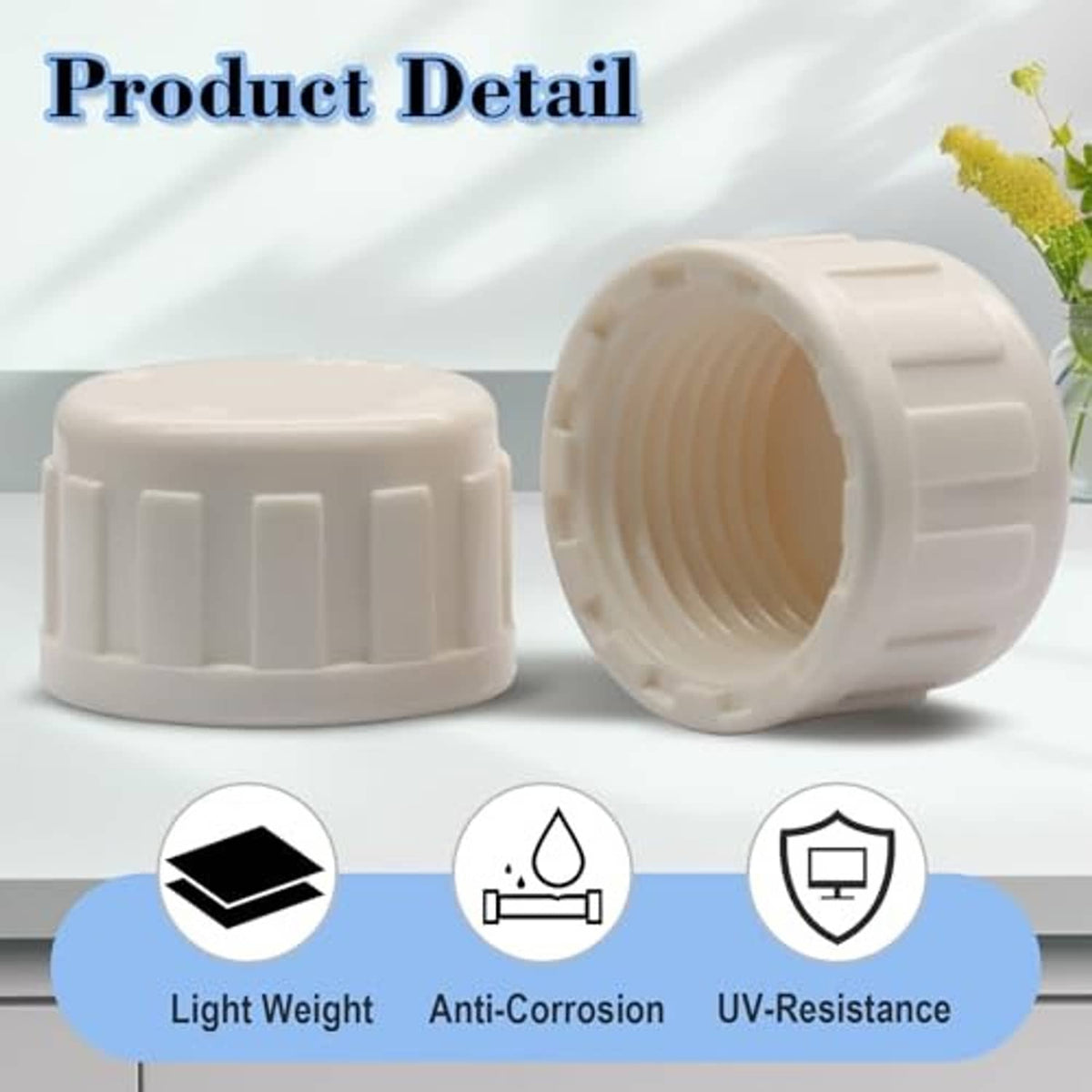 PVC sprinkler pipe caps, two white caps with open threaded ends and ridged sides