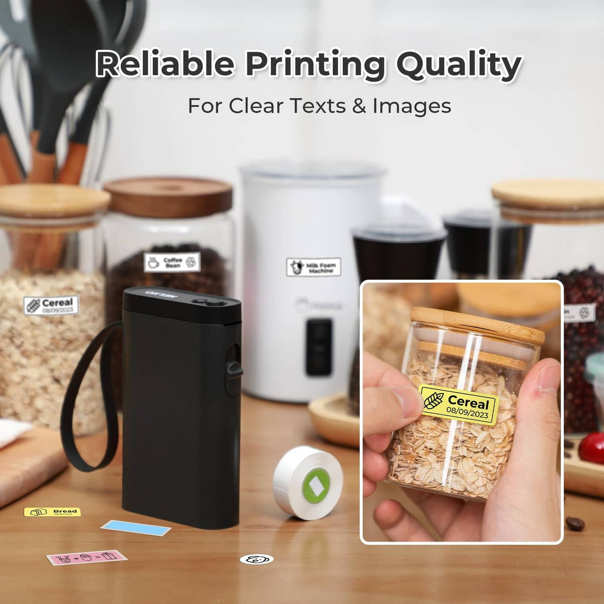 Black Bluetooth label printer printing small labels with text-and-icon designs.