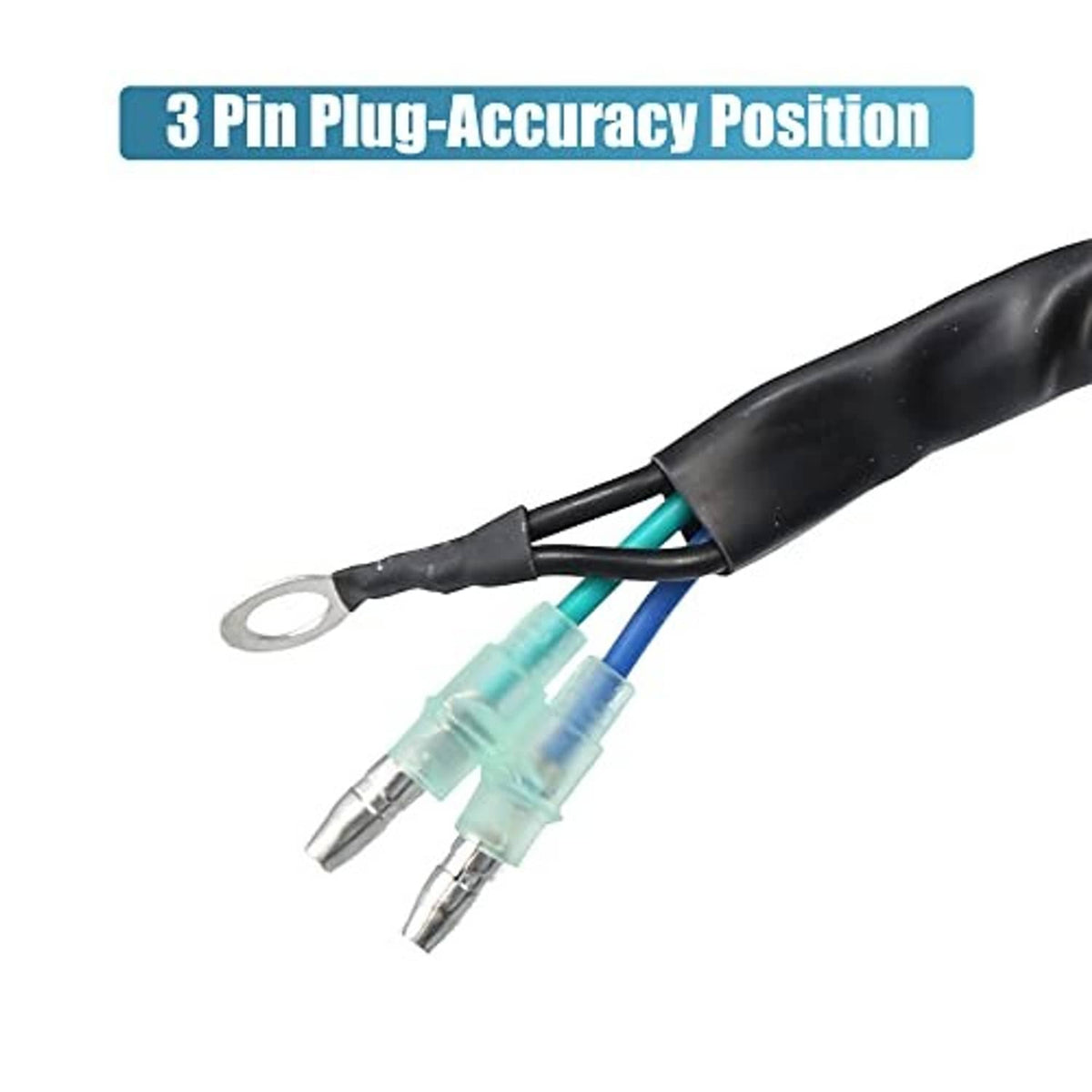 Three-pin plug with green and blue wire leads and two spade terminals